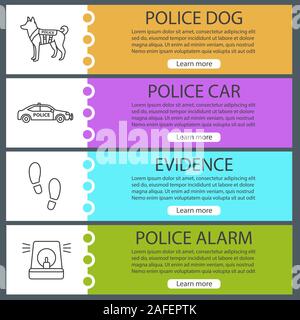 Polizei Web Banner Vorlagen eingestellt. Militärische Hund, Auto, Footprints, Alarm. Website Farbe Menüpunkte mit linearen Symbolen. Vektor header Design Konzepte Stock Vektor