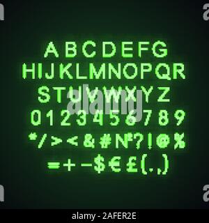 Grüne Alphabet, Zahlen und mathematische Zeichen Neon Licht Symbol. ABC leuchtende Symbole. Briefe. Vektor isoliert Abbildung Stock Vektor