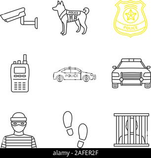 Polizei lineare Symbole gesetzt. Überwachungskamera, Militär, Hund, Polizei Abzeichen, walkie talkie, Auto, Räuber, Footprints, gefangen. Thin Line Kontur Symbole. Stock Vektor