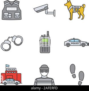 Polizei Farbe Symbole gesetzt. Kugelsichere Weste, Überwachungskamera, Militär, Hund, Handschellen, walkie talkie, Auto, Polizei, Räuber, Fußabdrücke. Isolat Stock Vektor