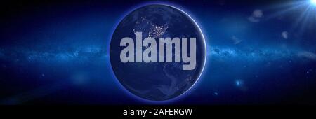 Sonnenaufgang über dem Planeten Erde (blaues 3D-Renderbanner, Elemente dieses Bildes werden von der NASA eingerichtet) Stockfoto