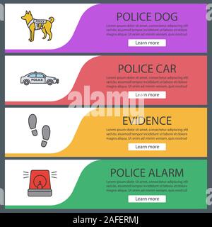 Polizei Web Banner Vorlagen eingestellt. Militärische Hund, Auto, Footprints, Alarm. Website Farbe Menüpunkte. Vektor header Design Konzepte Stock Vektor