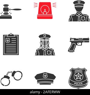 Polizei Glyphe Symbole gesetzt. Hammer, Alarm, Polizist, Bericht, pistole, handschellen, hut, abzeichen, Polizistin. Silhouette Symbole. Vektor isoliert Abbildung Stock Vektor