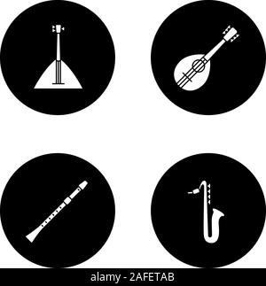 Musikinstrumente Glyphe Symbole gesetzt. Balalaika, Mandoline, Saxophon, Flöte. Vektor weisse Silhouetten Abbildungen in schwarzen Kreisen Stock Vektor