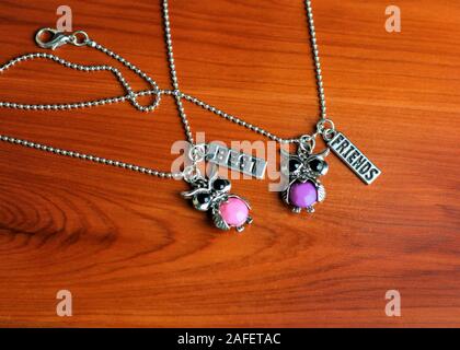 Zwei passende 'besten Freunde' silber mit rosa und lila Eule Halsketten ruhen auf einem Holz Hintergrund. Stockfoto