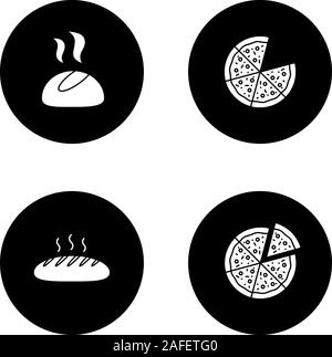 Bäckerei Glyphe Symbole gesetzt. Abendessen roll, Brotlaib, geschnitten Pizza. Vektor weisse Silhouetten Abbildungen in schwarzen Kreisen Stock Vektor