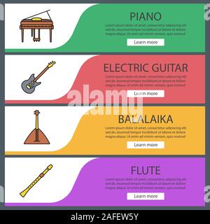 Musikinstrumente Web Banner Vorlagen eingestellt. Piano, E-Gitarre, Balalaika, Flöte. Website Farbe Menüpunkte. Vektor header Design Konzepte Stock Vektor