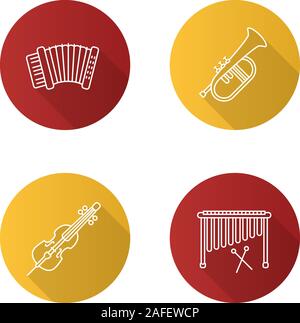 Musikinstrumente Flachbild lineare lange Schatten Symbole gesetzt. Akkordeon, Violoncello, Marimba, Flügelhorn. Vektor Kontur Abbildung Stock Vektor