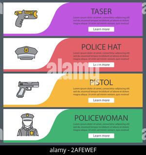 Polizei Web Banner Vorlagen eingestellt. Taser, cop hat, Pistole, Polizistin. Website Farbe Menüpunkte. Vektor header Design Konzepte Stock Vektor