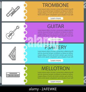 Musikinstrumente Web Banner Vorlagen eingestellt. Posaune, Gitarre, Psalter, Mellotron. Website Farbe Menüpunkte mit linearen Symbolen. Vektor header Design Stock Vektor