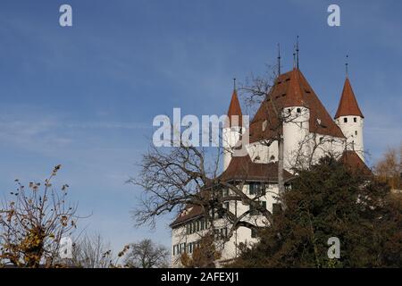 Schloss Thun dominieren die Skyline von Thun in der Schweiz mit Bäumen und Büschen, Stockfoto