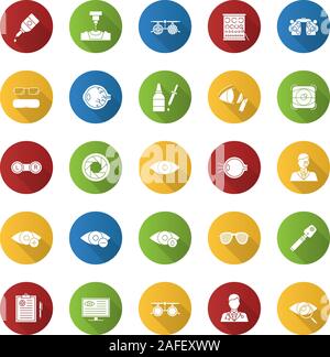 Ophtalmology flache Bauweise lange Schatten Glyphe Symbole gesetzt. Optometrie. Vision Untersuchung und Behandlung. Vektor silhouette Abbildung Stock Vektor