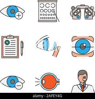 Ophthalmologie farbige Symbole gesetzt. Hyperopie, Landolt chart, phoroptor, medizinischen Bericht, Kontaktlinsen, Retina scan, Myopie, Auge Anatomie, Augenarzt. Stock Vektor