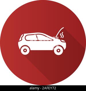 Gebrochene Auto flache Bauweise lange Schatten glyph Icon. Auto mit offener Haube und Rauch. Vektor silhouette Abbildung Stock Vektor