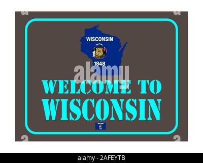 Willkommen bei Wisconsin Zeichen mit Flagge Karte Vektor Illustration EPS 10 Stock Vektor