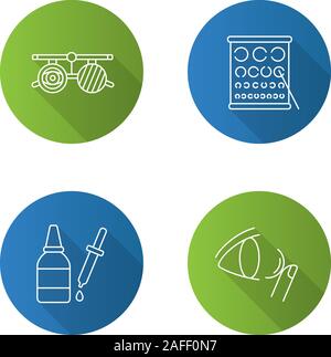 Ophtalmology Flachbild lineare lange Schatten Symbole gesetzt. Prüfung Gläser, Landolt chart, Augentropfen und Dropper, Kontaktlinsen. Vektor Kontur Abbildung Stock Vektor