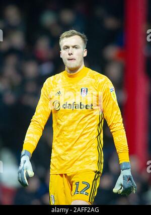 London, Großbritannien. 14 Dez, 2019. Die fulham Marek Rodak während der Sky Bet Championship Match zwischen Brentford und Fulham bei Griffin Park, London, England am 14. Dezember 2019. Foto von Andrew Aleksiejczuk/PRiME Media Bilder. Credit: PRiME Media Images/Alamy leben Nachrichten Stockfoto