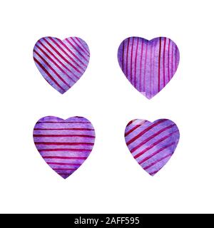Satz von Aquarell violett Herzen. Zarte lila Hintergrund mit Papier Textur mit Rosa vertikalen, horizontalen und diagonalen Linien. Für Hochzeit invitatio Stockfoto