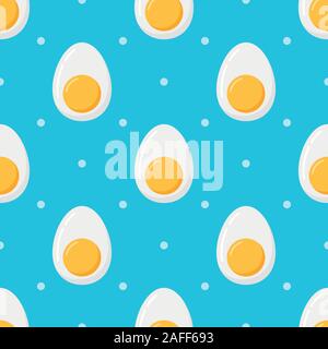 Gekochte Eier mit Eigelb bunte nahtlose Muster mit Punkten auf blauem Hintergrund. Stock Vektor