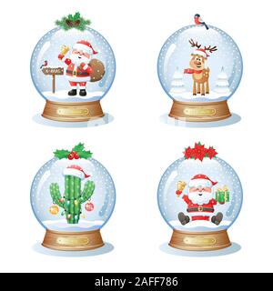 Satz von Weihnachten Schneekugeln mit unterschiedlichen Weihnachten Szenen im Inneren. Niedliche Comicfiguren. Vector Illustration. Stock Vektor