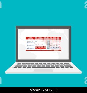 Laptop mit elektronische Bordkarte Airline Ticket Symbol auf blauem Hintergrund isoliert. Passagierflugzeug mobile Ticket für Web- und App. Stock Vektor