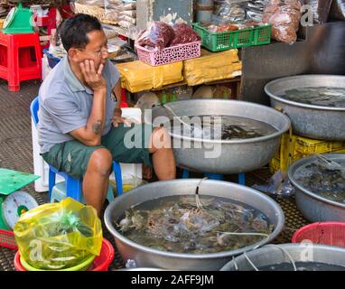 Ein Unternehmer, der Lebende Fische rund um den Central Market in Phnom Penh, Kambodscha. Stockfoto