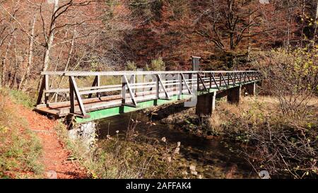 Alte Holzbrücke über den Fluss Dobra bei Kamačnik, im Herbst von blattlosen Wäldern umgeben Stockfoto