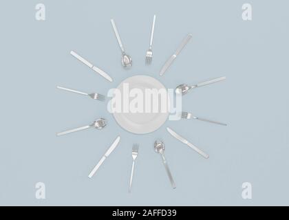 Gabel, Messer und Löffel auf der Seite der Küche, die sich auf der weißen 3d-Grafik rendern isoliert Stockfoto