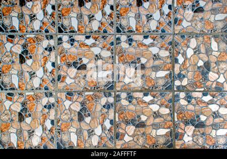 Old abstract texture colorful mosaic on the floor of broken ceramic tiles. Landscape style. Great background or texture. Abstract geometric pattern, c Stockfoto