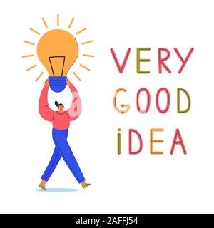 Gute Idee, Konzept. Schriftzug. Frau mit Lampe. Stock Vektor