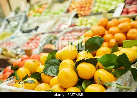 Hintergrundbild von Obst stehen an Farmers Market, Haufen von Reifen Mandarinen mit Laves im Fokus eingerichtet, kopieren Raum Stockfoto