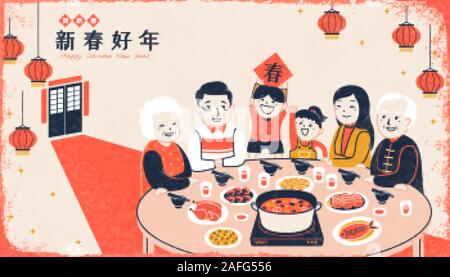 Siebdruck style Familientreffen Abendessen Illustration, chinesischen Text Übersetzung: Frühling, wünschen Ihnen ein gutes Jahr Stock Vektor