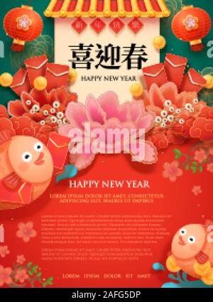 Chinesische Mondjahr Design mit niedlichen Fische halten roten Pakete und Münzen auf Pfingstrose Hintergrund, chinesischen Text Übersetzung: Frohes neues Jahr und willkommen Stock Vektor