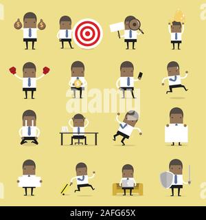 Satz von Geschäftsleuten. Afrikanischen Geschäftsmann wird in verschiedenen Situationen. Vector Illustration. Stock Vektor