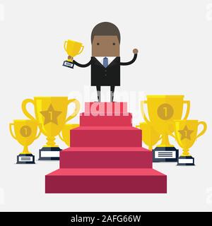 Afrikanischen Geschäftsmann zu Fuß die Treppen hoch, Konzept Erfolg Unternehmer gewinnen Preis. Vector Illustration Stock Vektor