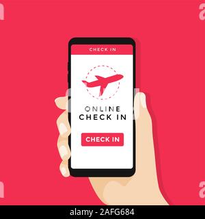 Hand Smartphone mit Online Check-in Schalter und Flugzeug Symbol auf dem Bildschirm. Vektor Stock Vektor