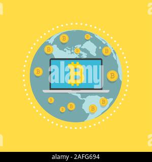 Laptop Bildschirm mit dem Bitcoin Zeichen auf Globus. Vektor Stock Vektor