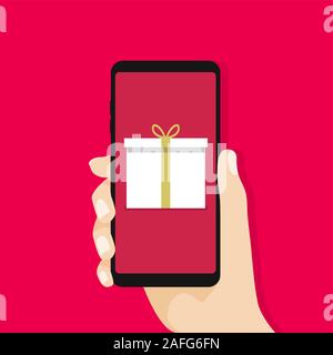 Geschenkbox im Bildschirm des Smartphones. Hand halten Smartphone. Vektor Stock Vektor