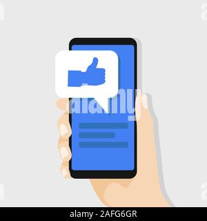 Hand mit wie die Nachricht auf dem Bildschirm smartphone. Soziales Netzwerk Konzept. Vektor Stock Vektor