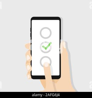 Kontrollkästchen Bildschirm des Smartphones. Hand halten, Smartphone, Touchscreen Finger. Vektor Stock Vektor