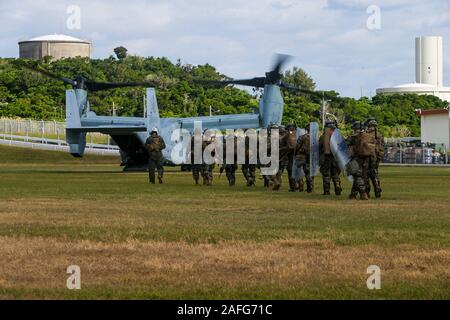 Marines mit Fox Batterie Bataillon Landung Team, 1.BATAILLON, 5 Marines, 31 Marine Expedition Einheit, bereiten eine MV-22 B Osprey tiltrotor Aircraft, mit Marine Medium Tiltrotor Squadron 265 (verstärkt), während eines simulierten Botschaft Verstärkung am Camp Hansen, Okinawa, Japan, Dec 4, 2019. Die 31. MEU befindet sich derzeit in der Vorbereitung für die Bereitstellung durch MEUEX, einer zweiwöchigen Evolution, bereitet die Marine Air-Ground Task Force für amphibische Operationen von Marineschiffen. Die 31. MEU, das Marine Corps' nur kontinuierlich vorwärts - bereitgestellt MEU, bietet eine flexible und tödlicher Gewalt bereit Stockfoto