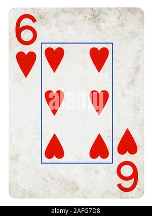 Sechs der Herzen Vintage Playing Card - isoliert auf weißem (clipping path enthalten) Stockfoto