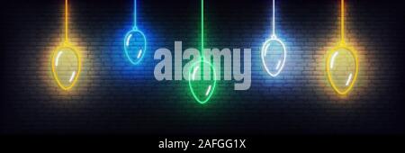 Neues Jahr Hintergrund mit neon Weihnachten Kugeln. Festlegen von realistischen bunte Xmas leuchtende Dekorationen Stock Vektor