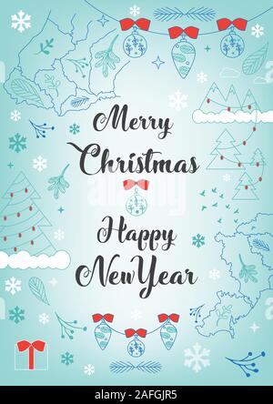 Frohe Weihnachten und ein glückliches Neues Jahr Drucken Postkarten, A5 Vorlage für Deckel, holiday Banner, Einladung über Natur, mit Karten, Geschenke, Spielwaren, Blätter Stock Vektor