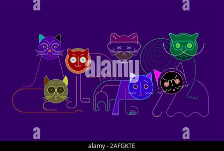 Bunte isoliert auf einem dunkelblauen Hintergrund Gruppe von Katzen Vector Illustration. Stock Vektor