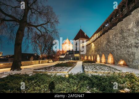 Tallinn, Estland - 4. Dezember 2016: mittelalterliche Turm Neitsitorn im Winter am Abend Nacht Illuminationen. UNESCO Wahrzeichen. Ziel Scenic. Stockfoto