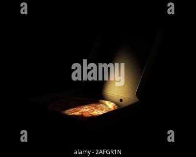 3D-Rendering von Pizza in einem Karton vor einem dunklen Hintergrund. Pizza Delivery oder Pizza Menu Content. Stockfoto