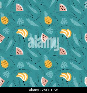 Cute floral nahtlose Muster mit Früchten und Blättern auf grünem Hintergrund. Flache Vector Illustration. Stock Vektor