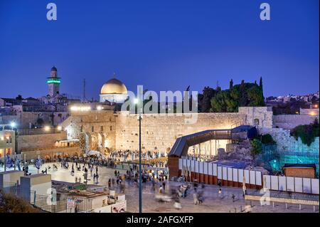 Jerusalem Israel. Felsendom, Tempelberg, und Klagemauer bei Sonnenuntergang Stockfoto