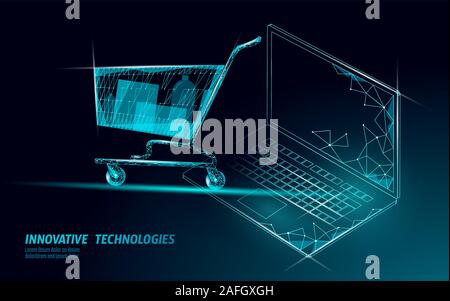 Warenkorb Low Poly Design 3D. Online shop Laptop verkauf Vector Illustration Stock Vektor